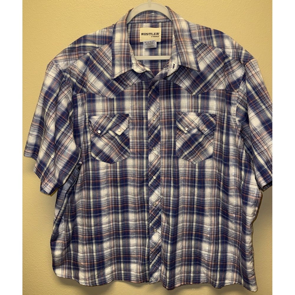 Rustler by Wrangler Short Sleeve Pearl Snap 2XL Western Shirt Blue Red Rodeo